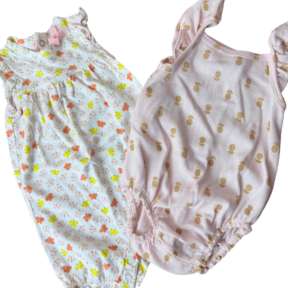 Carters Just One You Baby Girls Romper Lot 2pc 9M Pineapple Butterfly Pink White